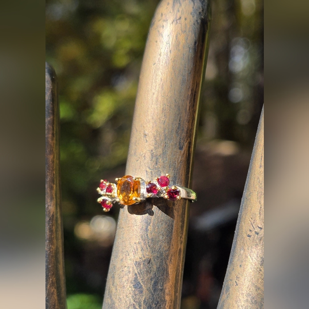 Citrine & Rhodolite Natural Gemstone Sterling & Gold Ring Sz6 - Picture 4 of 8